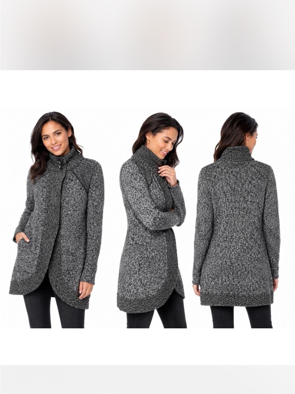 prAna Angelica Duster Sweater Cardigan Small Gray Cable Knit Long Mock Neck S